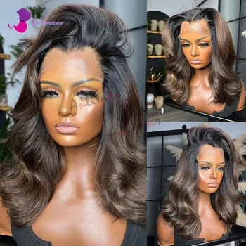 Parrucca in Capelli Umani Veri, Parrucche Corte per Donne di Colore, Densità 200%, Parrucca con Chiusura Frontale in Pizzo 5x5, Parrucca con Highlights in Capelli Umani