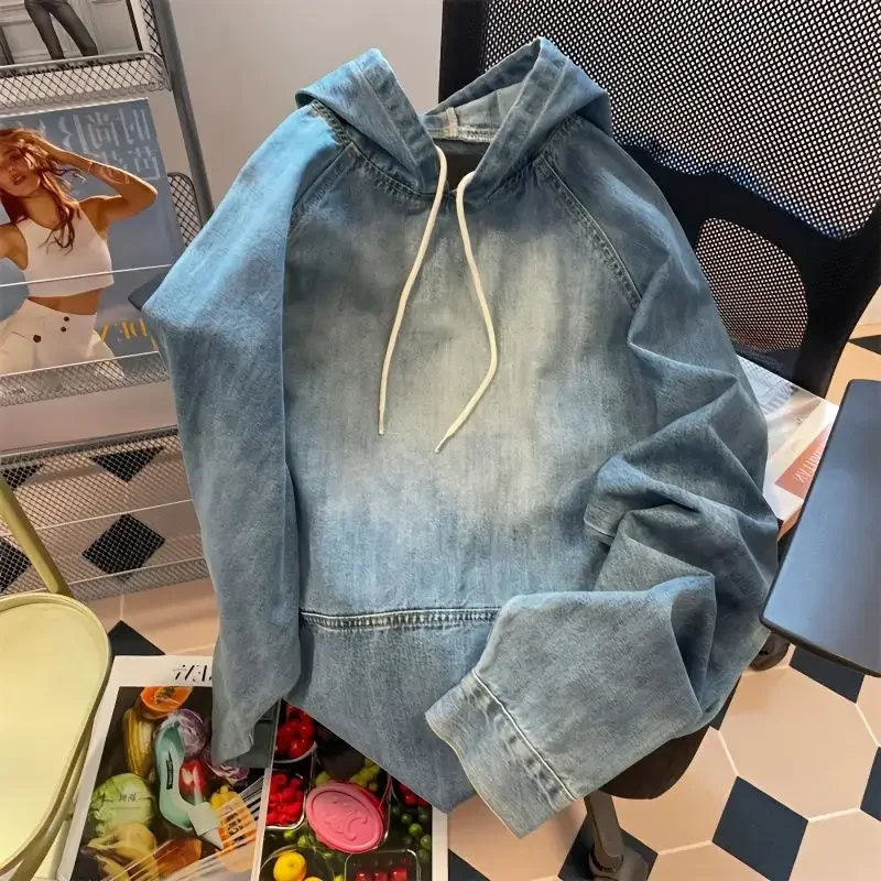 Retro denim hooded sweater men's spring and fall fashion loose washed jacket high street fashion retro casual men's pullover