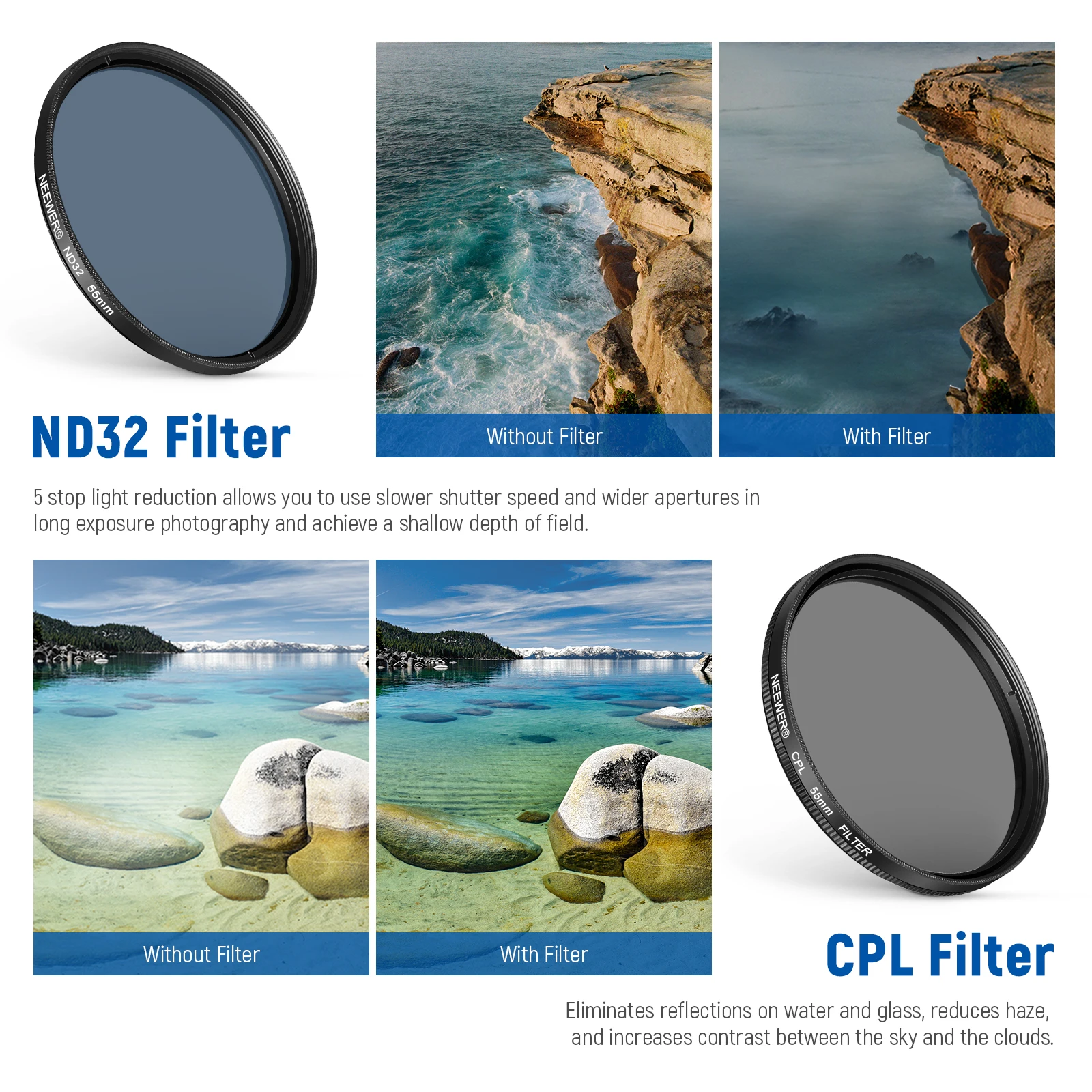 ND32 ND Filter Kit for Phone & Camera, CPL,4 Graduated Color Filter, 52-55mm Ada