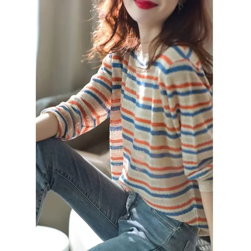 

Hollow-out Color Stripe Cashmere Knitwear Women Spring and Autumn Style Base Wool Sweater Blouse Loose Sweater