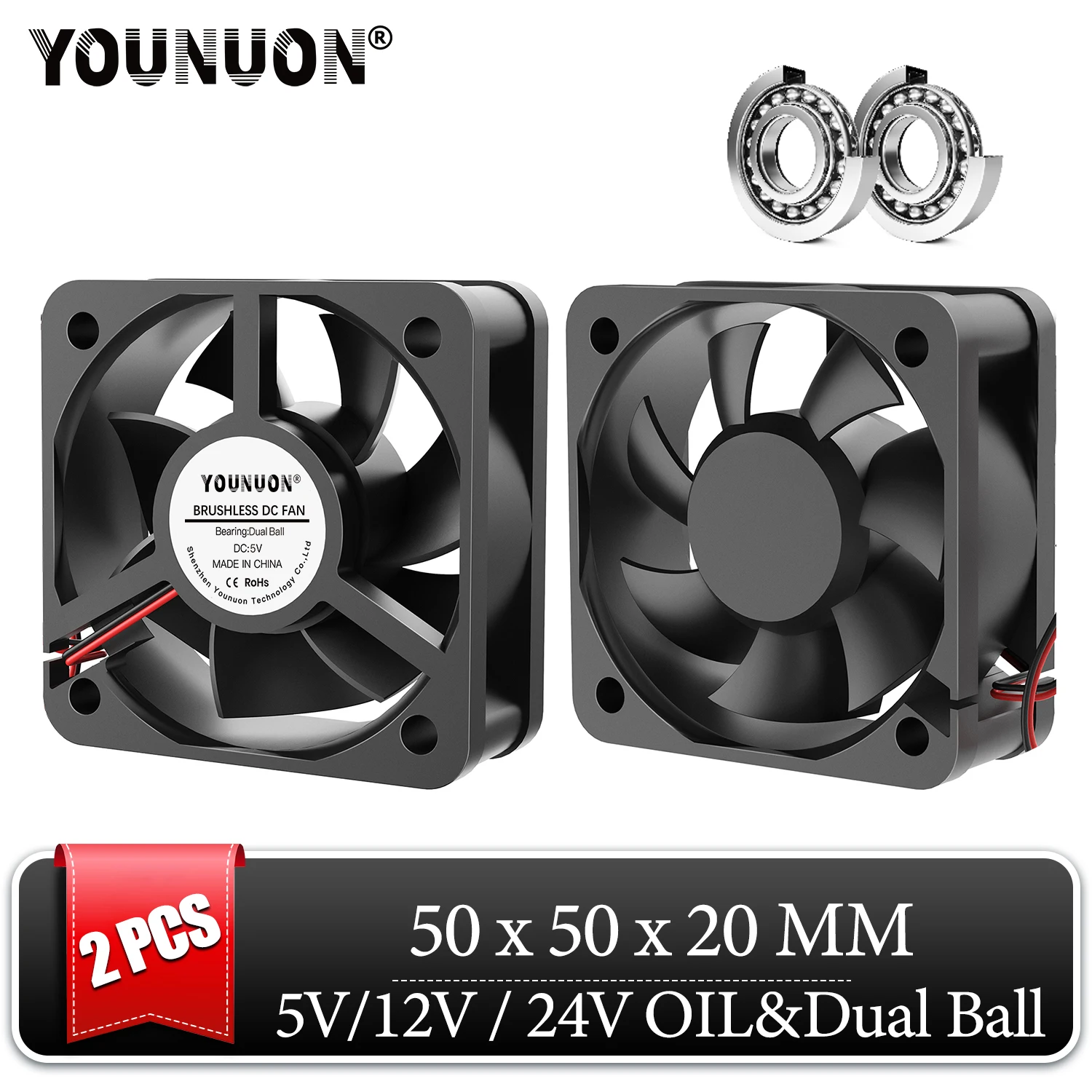 2PCS-50mm-5V-12V-24V-Brushless-2PIN-DC-Cooler-Fan-50x50x20mm-5020-5cm ...