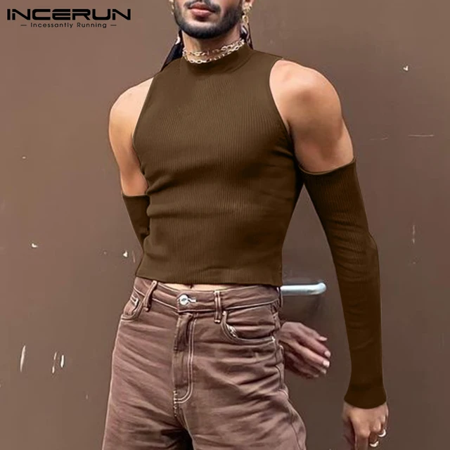 INCERUN Men T Shirt Solid Color Turtleneck Long Sleeve Off Shoulder Casual Camisetas 2022 Hollow Out Streetwear Sexy Crop Tops 1