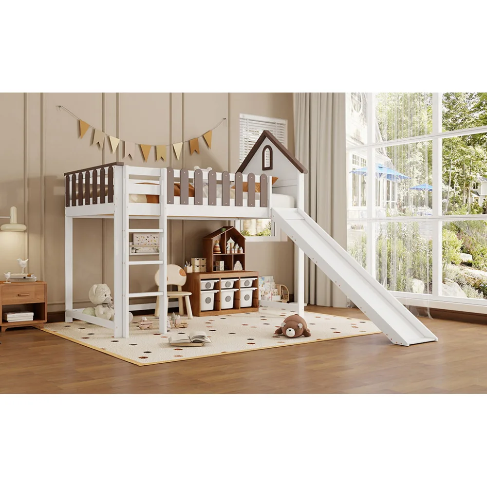 90x200cm Hochbett, mit Dach und Fenster, mit dreistufiger gerader Leiter, Jugendbett, Kinderbett mit Rutsche, Weiß+Walnuss – Detail 12