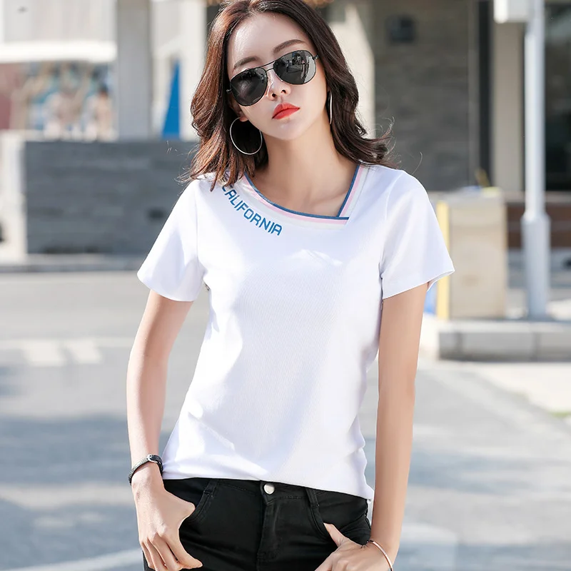 

1688 autumn new women's wear 1688 cotton short sleeved T-shirt women's bottomed shirt slim fit and thin print oblique V-neck