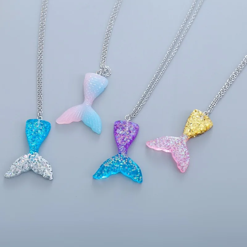 Cosplay Necklace Child Girls' Mermaid Necklace Colorful Gradient Halloween Birthday Matching Neckband Jewelry Stainless Steel Fish Tail Pendant