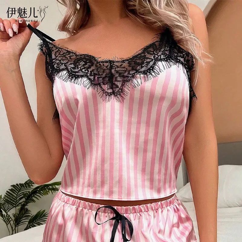 Women pajamas set two piece V-neck lace suspender pajama shorts sleeveless