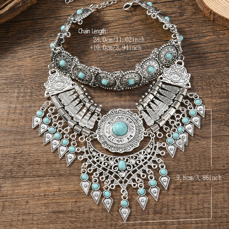 Layered Bohemian Statement Necklace Women's Fashion Retro Teardrop Tassel Collar Jewelry for Casual Matching & Party Styling 6