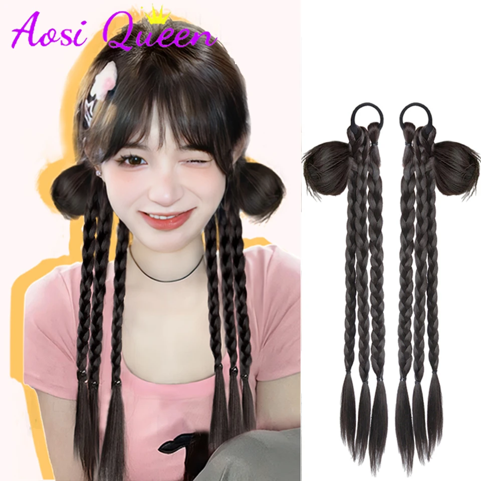 

AOSI Synthetic Ponytail Wig Twist Braid New Chinese Style Double Ponytail Hot Girl Boxing Braid Strap Leather Ring Ponytail Wig