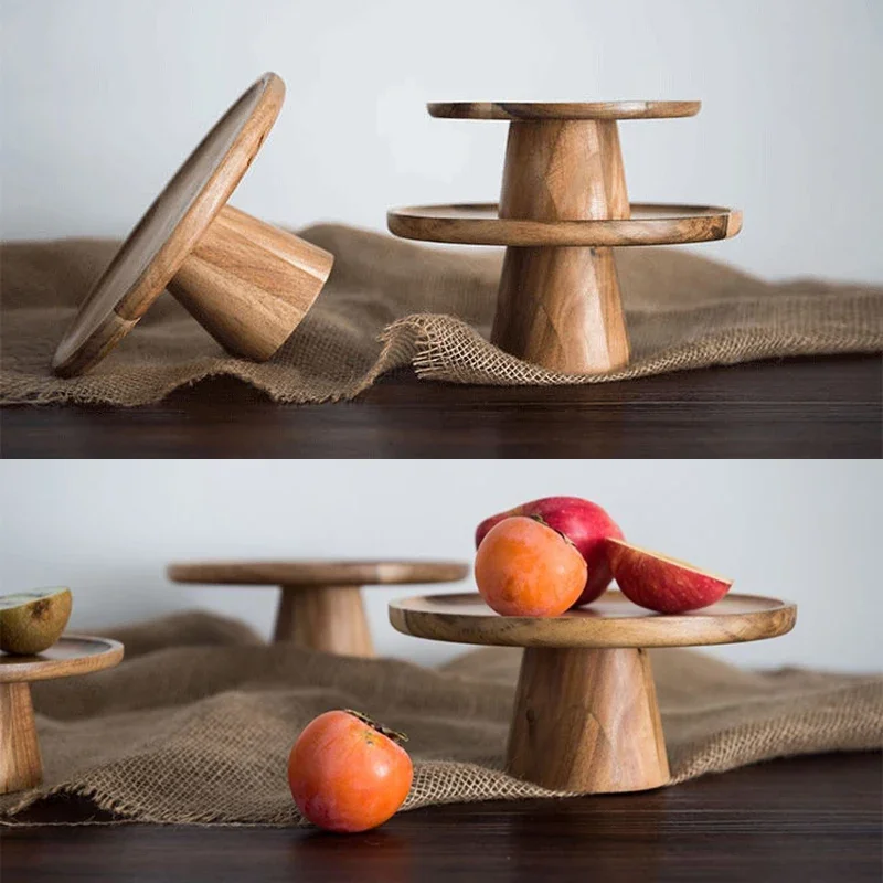 Wooden Cake Stand Tall Wood Plate Dessert Stand Food Serving Tray for Afternoon Tea Fruit Bread Pastries Display Stands Home