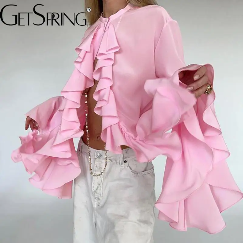 

Getspring женская рубашка с расклешенными рукавами и оборками в стиле пэчворк, модная женская винтажная блузка с длинным рукавом, розовый топ 2024