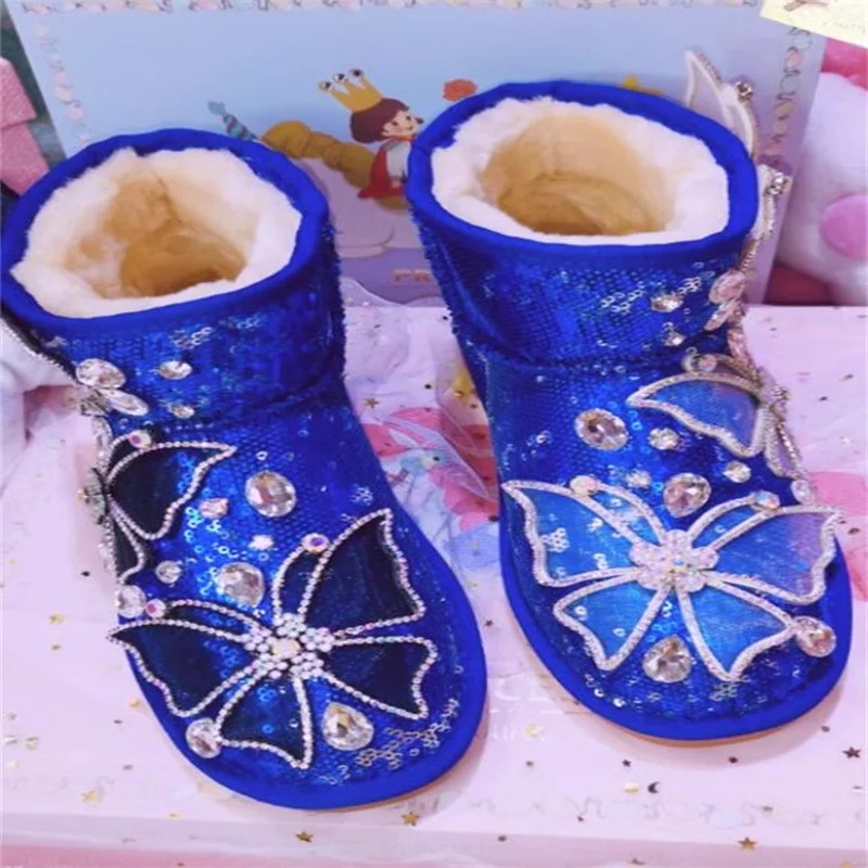 

Sequin winter warm boots with fleece rhinestone butterfly embellish handmade custom fur one-piece boots for women 35-40