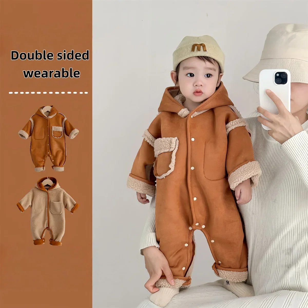 2025 Winter Baby Rompers Toddler Boys Fur Lining Jumpsuits Infant Boys  Warm Outerwear Thikcen Lining Baby Outwear