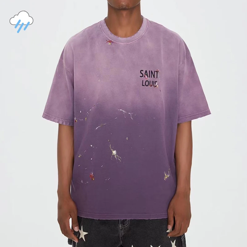 

Высококачественная градиентная футболка с принтом логотипа Сент-Луис, мужская и женская Винтажная футболка в стиле хип-хоп, промытая фиолетовая футболка с брызгами и чернилами, футболка, топ