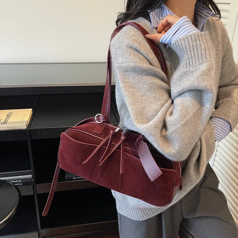 2026 Autumn Winter Latest Commute Shoulder Bags For Women PU Suede Pure Color Large Capacity Boston Bag Luxury Designer Handbags