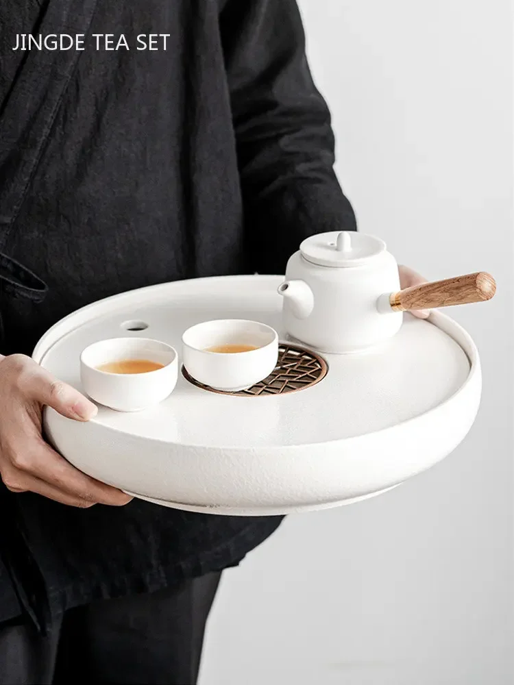 Chinese Ceramic Tea Tray Household Round Water Storage Type Tray High-grade Tea Set Storage Living Room Trays Decorative