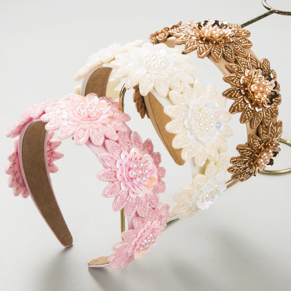 Korean Hand-Stitched Floral Headband Temperament Wild Wide-Brimmed Pearl Sequined Hair Accessories