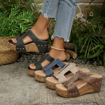 Women's Studded Wedge Slide Sandals, Zipper Decor, Open Toe, Cork Heel Summer Shoes