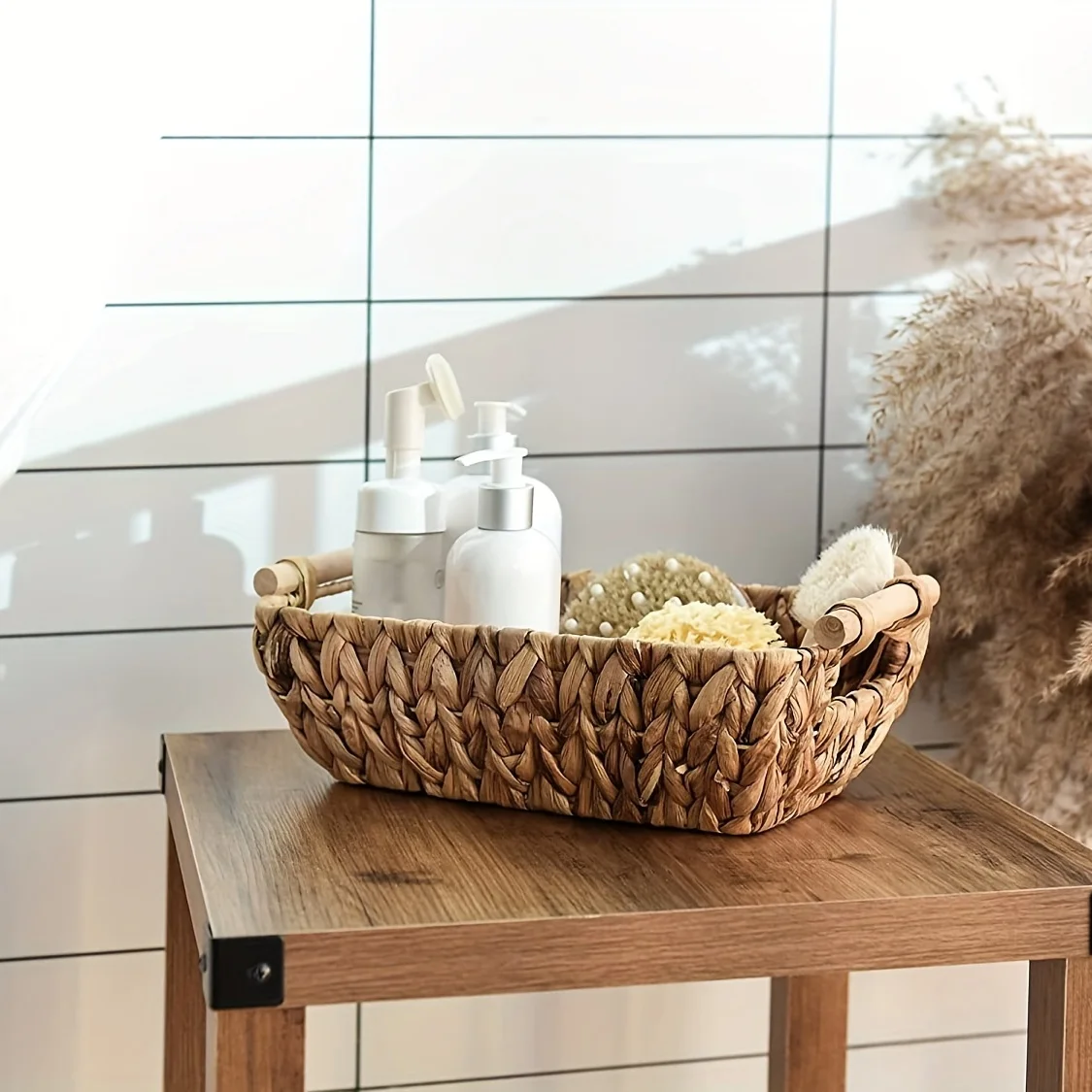 Enchanting hand woven wicker basket with wooden handle - water hyacinth for bathroom storage, home organization and decoration 6