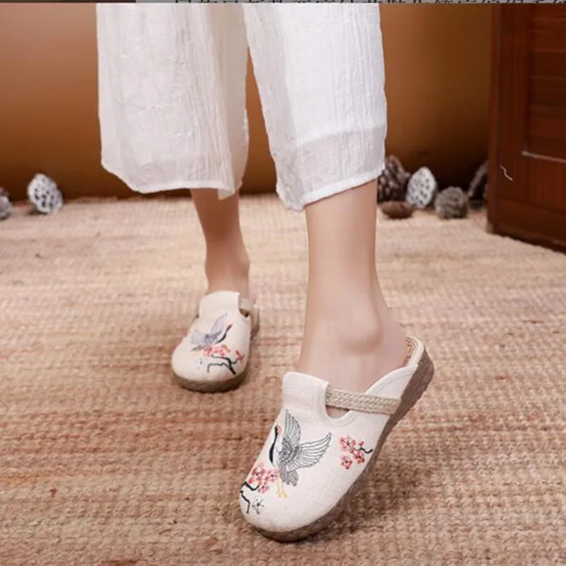 العرقية واسعة تو الكتان النعال للنساء مطرزة خمر ال...