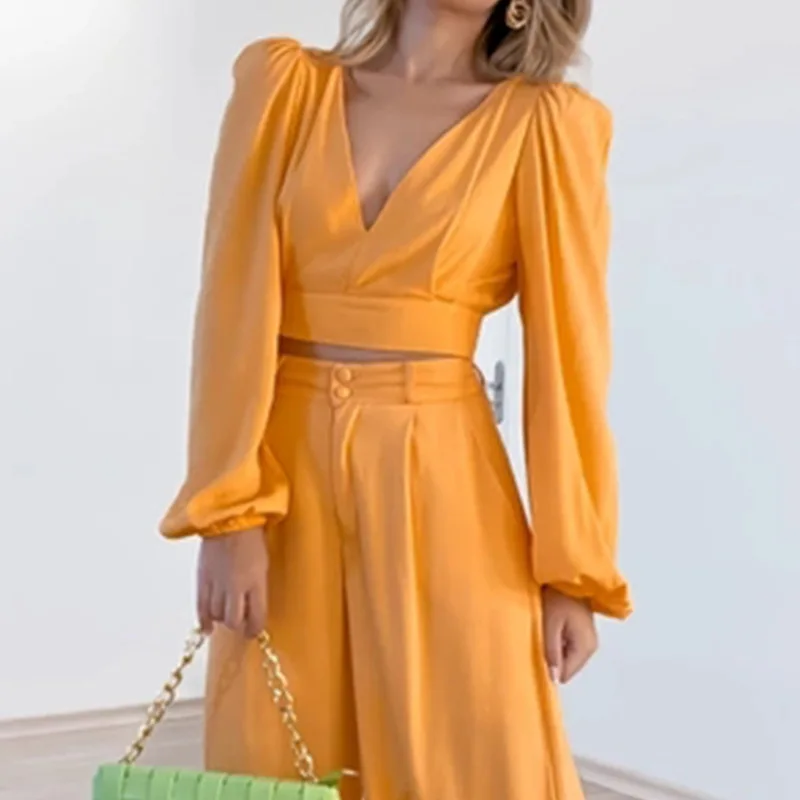 Set For Women 2023 Autumn New Cropped Top V-neck Backless Sexy Suit Fashion Casual Ladies Loose Wide Legs Trousers Suits MsChuh