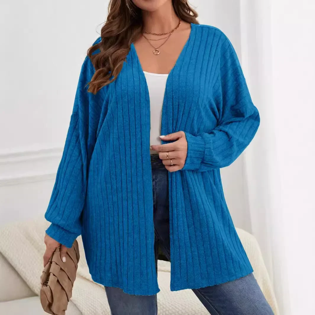Plus Size Women Autumn Casual Pure Color Cotton Cardigan Shirt