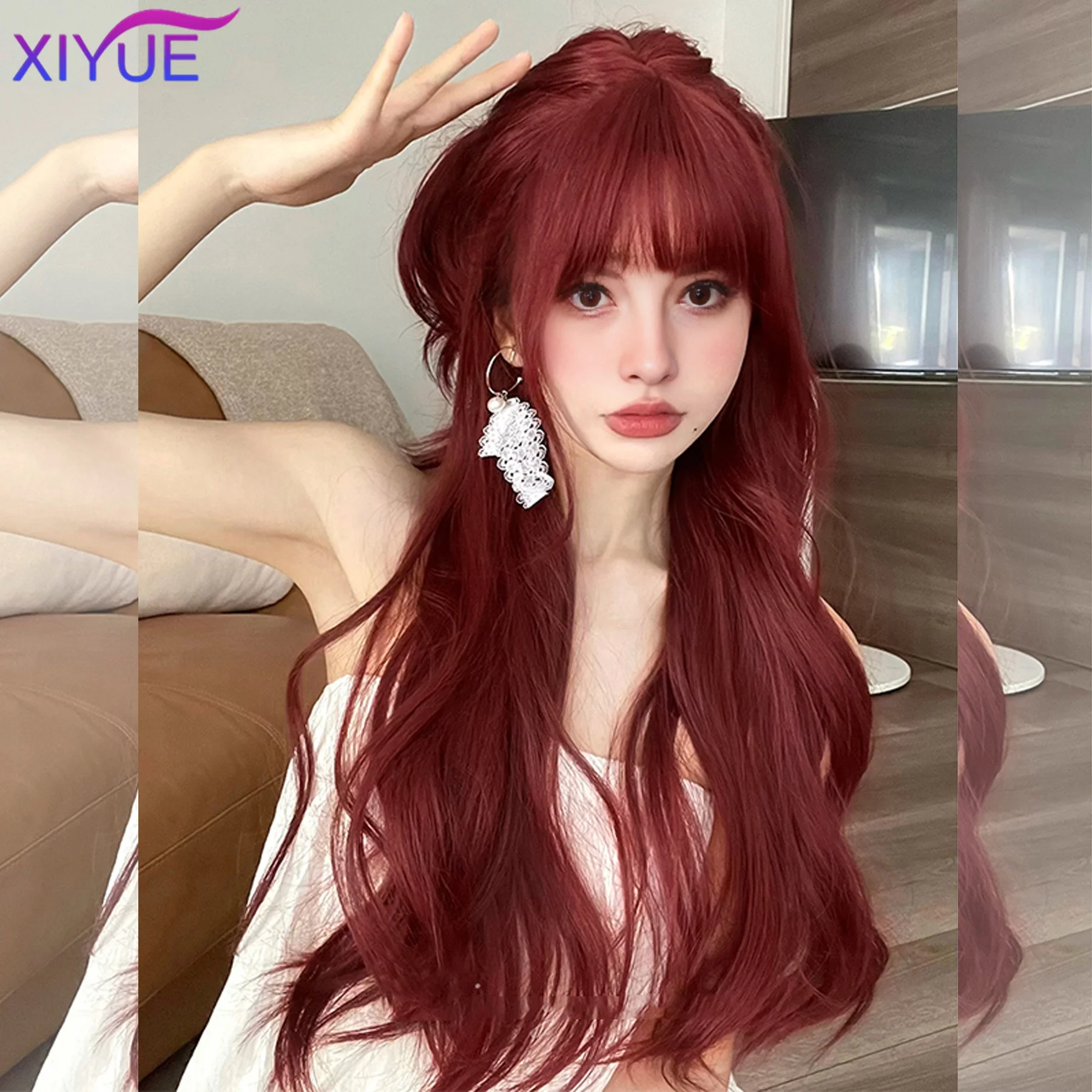 XIYUE 24 Inch Red Curly Wave Synthetic Wig Heat-Resistant Natural Smooth Hair Stylish Party Wigs For Women