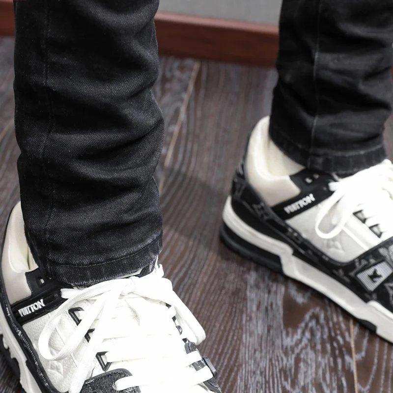 High Street Fashion Men Jeans Retro Black Gray Stretch Skinny Fit Ripped Jeans Men Patched Designer Hip Hop Brand Pants Hombre