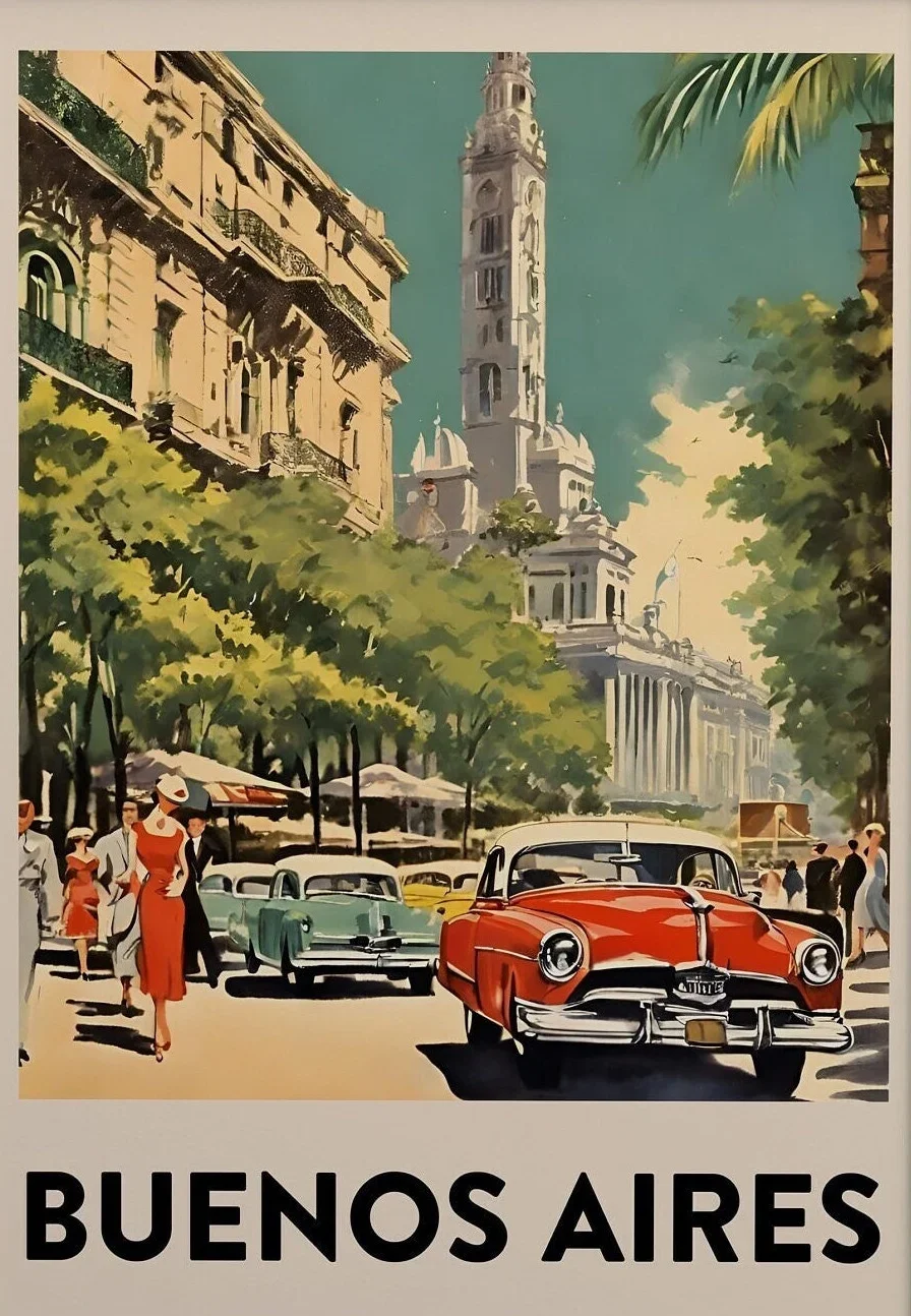 thumbnail image 1 of Póster de paisaje de viaje de vacaciones en autobús urbano retro de mediados de siglo, pintura en lienzo de Londres, París, Tokio, Chicago, arte de pared, decoración del hogar de la habitación, 1 of 5