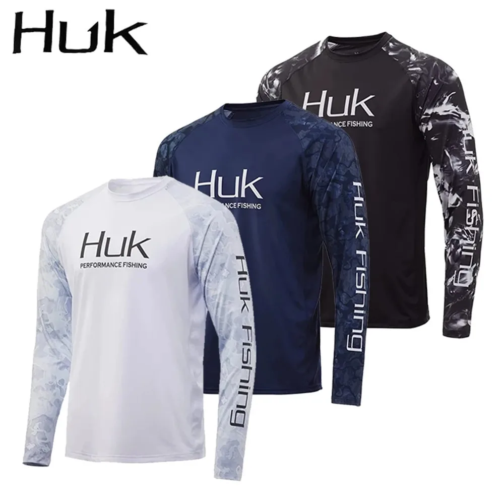 HuK 남성용 라운드 넥 낚시 셔츠 UV 보호 긴 소매 야외 스포츠웨어