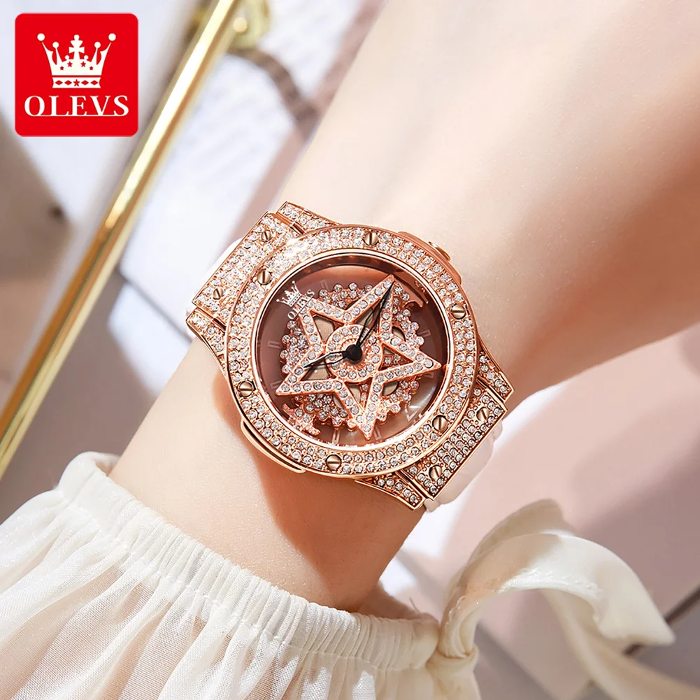 OLEVS Diamond Watch for Women Waterproof Breathable Leather Strap Female Pentacle Snowflake Rotates the Dial Luxury Quartz Watch