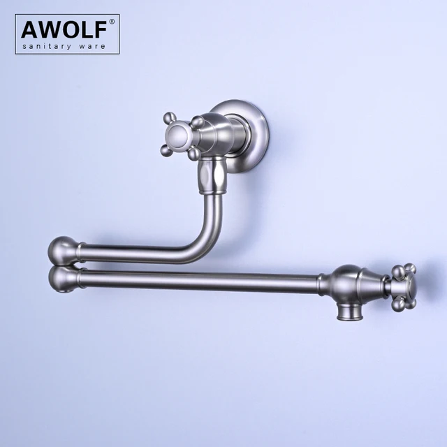 Awolf ทองเหลืองหม้อ FILLER แปรงสีเทาก๊อกน้ําห้องครัวพับติดผนังทองหมุน 360 องศา TAP Chrome FW012 5