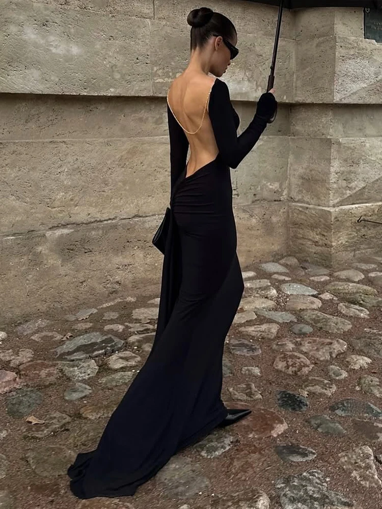 Nibber Fashion Dress Women Elegant Bead Backless Sexy Classic Slash Neck Full Sleeve Simple Solid Stretch Banquet Party Vestidos