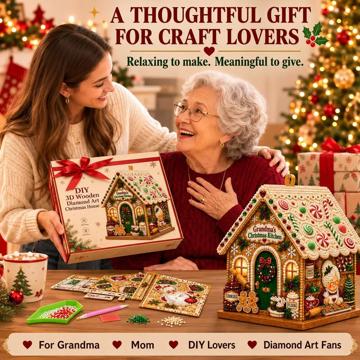DIY Pearl Art Christmas House Diamond Painting Kit Gingerbread House Shape Xmas Hanging Ornament Set for Home Holiday Decor Gift