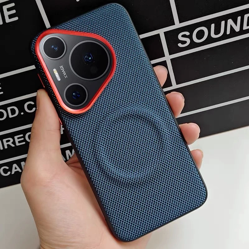 Magnetic Nylon Woven Matte PU Leather Phone Back Cover Bumper