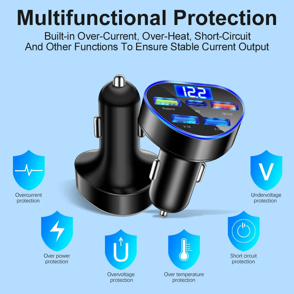 66W USB Car Charger PD Type C Charger With Digital Display 5 Ports Fast Charging For iPhone 15 Samsung S23 USB Charger In Car