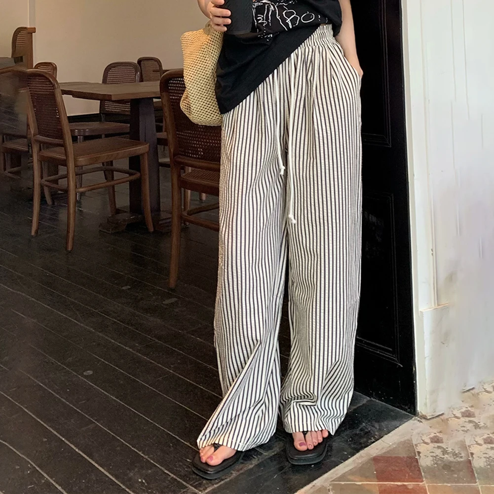 

Drawstring Black White Vertical Striped Casual Pants Women Spring Summer New Korean Loose Drape Long Pants Wide Leg Pants