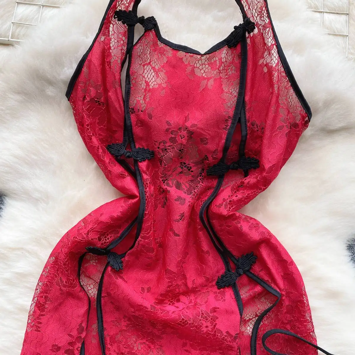 Sexy Halter Neck Lady's Mini Dress Hollow Out Sexy Lace Dress Hot Slit Bodycon Sleep Dress Women's Erotic Lingerie Pajama Dress