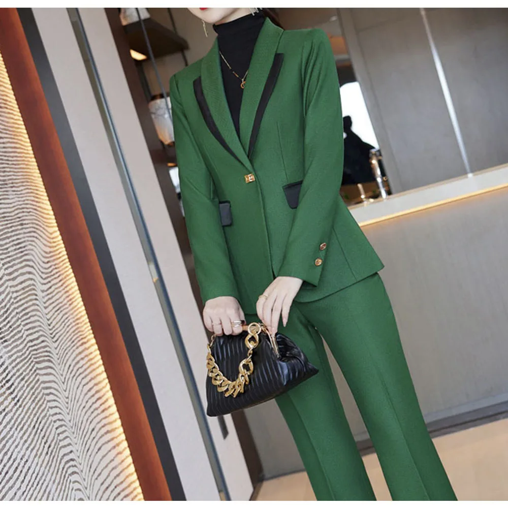 Tesco Business Suit For Office Lady Women Blazer Coat+Pants 2 Piece Solid Formal Women's Outfits Color Match Collar Jacket
