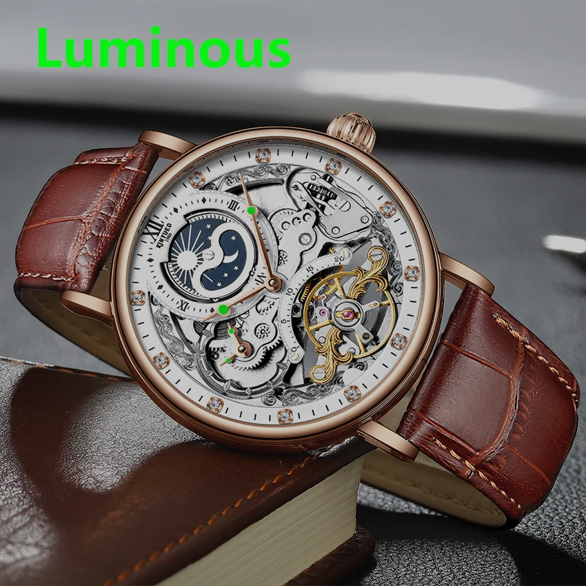KINYUED Waterproof Mens Tourbillon Skeleton Watches Top Brand Luxury Transparent Mechanical Moon phase Sport Male Wrist Watches