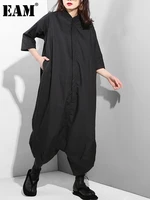 [EAM] Loose Fit Women Black Wide Leg Long Jumpsuit New High Waist Pocket Stitch Pants Fashion Tide Spring Autumn 2026 YA11601