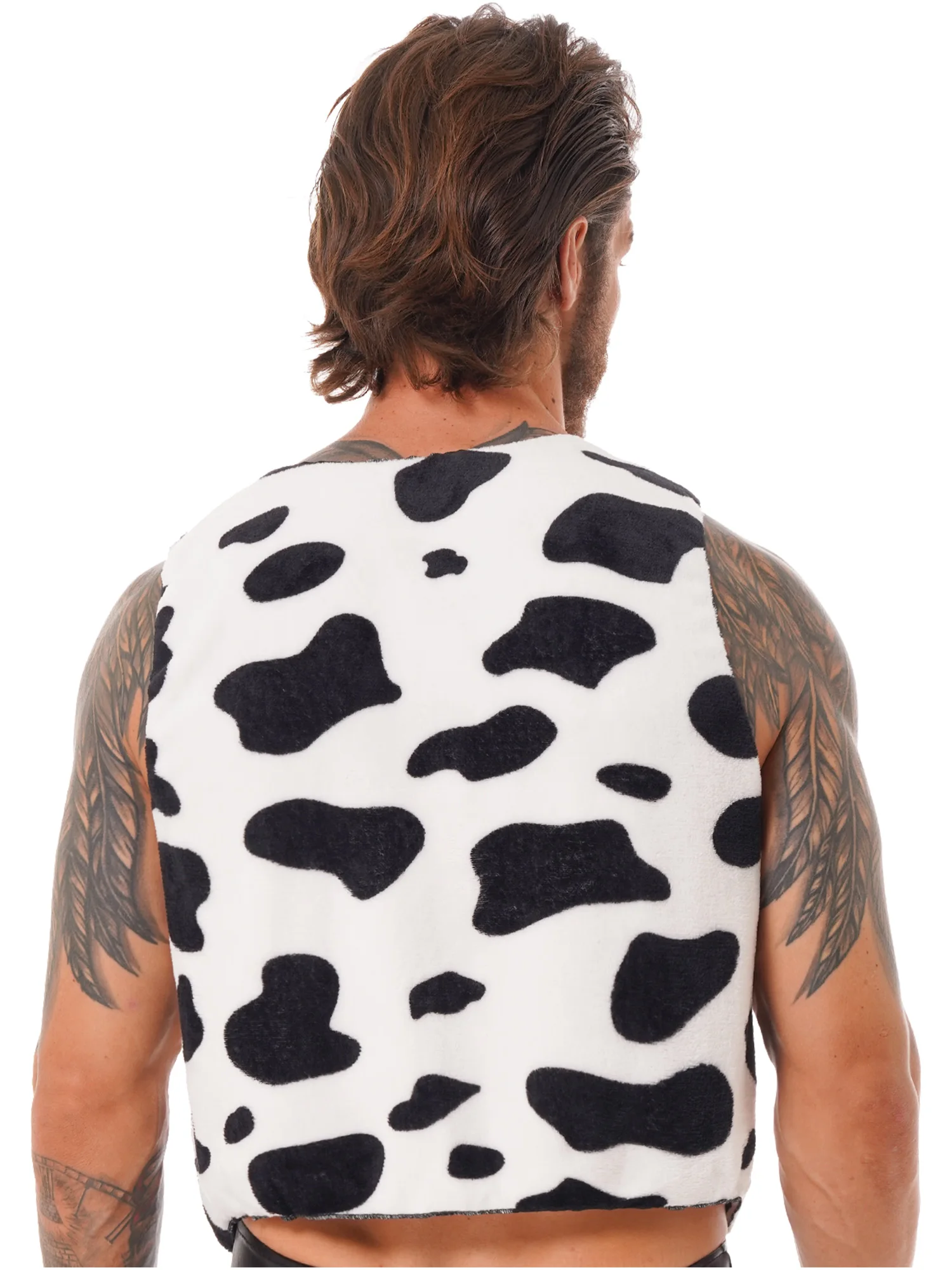 iEFiEL Mens Cow Print Vest Adult Festival Hippie Costume Halloween Vests Open Front Short Coats 