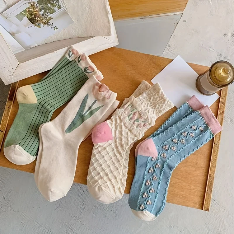Women Floral Socks Set 4pairs Cute Flower Geometric 3D Textured Ankle Cotton Blend Cottagecore Lucky Socks