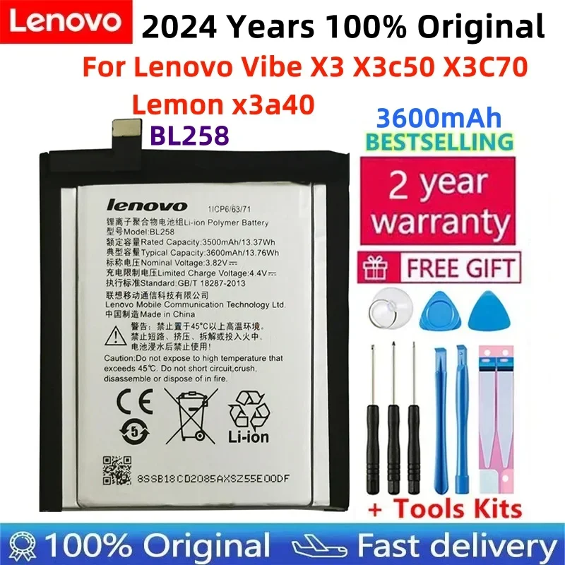

100% New Original High Quality BL258 Battery For Lenovo Vibe X3 Lemeng X3 X3C50 X3C70 X3a40 3600mAh +Tools Kits