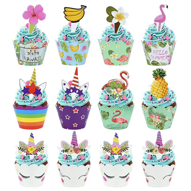 

24pcs Unicorn Cupcake Wrappers Tropic Flamingo Pineapple Cake Topper for Kids Birthday Wedding Cake Decoration Hawaiian Supplies