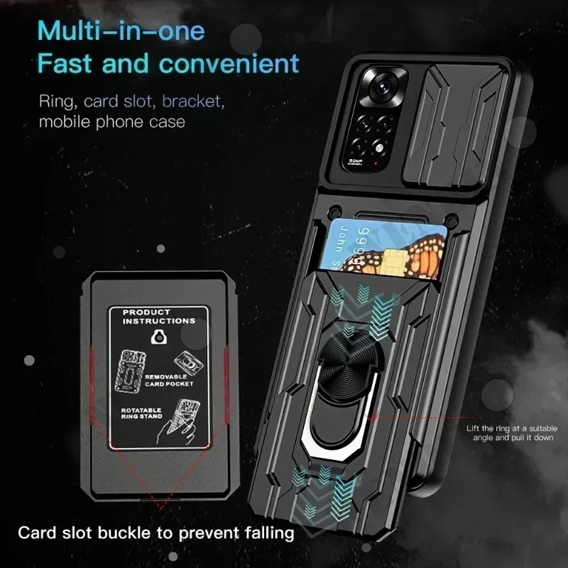 Phone Case For Redmi Note 14 13 12 Pro Xiaomi 14T Pro Poco X6 Slide Stand Ring 360 Magnetic Camera Military Grade Card Slot Cover