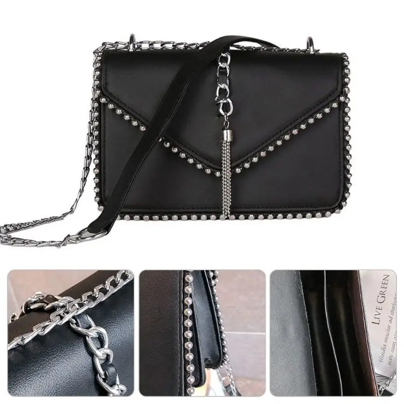 Women Ladies Tassel Rivet Mini Chain Crossbody Shoulder Bag Tote Purse Handbag E74B