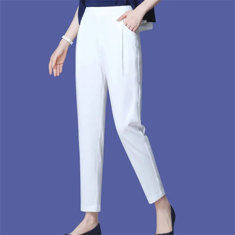 Korean Office Striped Pencil Pants Elegant Korean Spodnie 4xl Broek Women Casual Slim Pantlones High Wasit Formal Harem Trousers