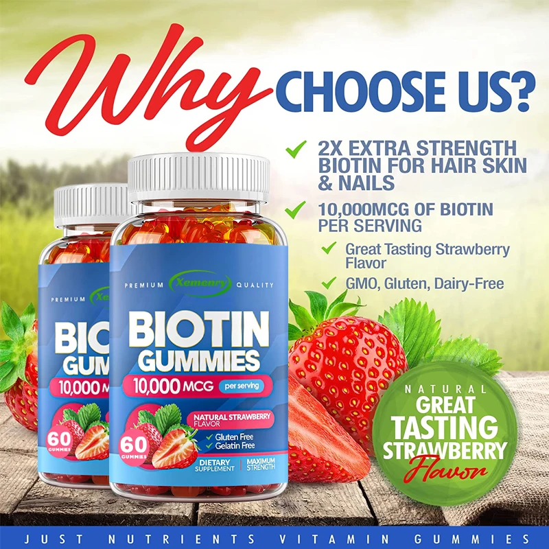 

Biotin for Men & Women 10,000 Mcg Gummies - 2X Extra Strength Biotin for Hair, Skin & Nails - Vegan Gummies