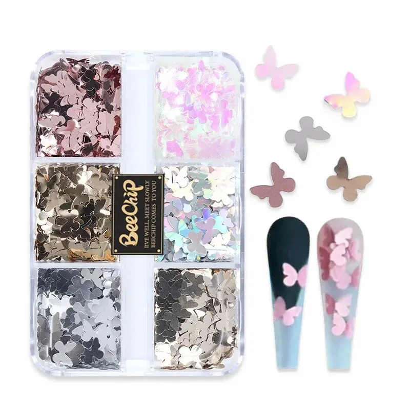 Nail Art Decoration 6 Grids Mixed Nail Art Glitter Snow Butterfly Shiny Fake Nail Decoration Professional Accessories Tool Valentine's Day Christmas