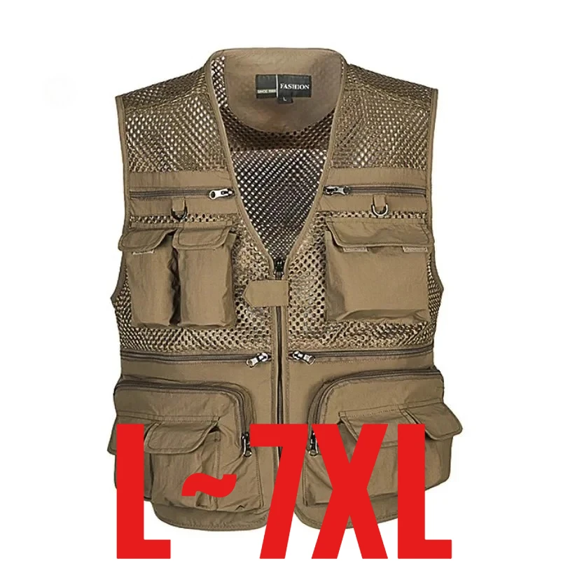Gilet pêche grande taille mesh respirant multi-poches cargo séchage rapide pêche sportive été